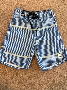 Volcom Blue and White Striped Kids Swim Trunks